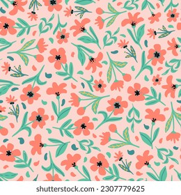 Retro flowers with leaves seamless repeat pattern. Random placed, vector botanical elemtns all over surface print.