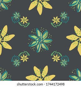 Retro flowers and leaves seamless vector pattern background. Clusters of painterly yellow and green floral foliage with offset color dark backdrop. Botanical all over print for fall, organic packaging