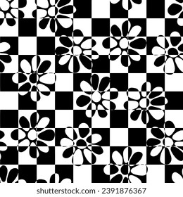 retro flowers on black and white checkerboard seamless pattern. For wallpaper, textile and wrapping