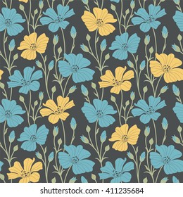 retro flowers on a dark background in seamless pattern