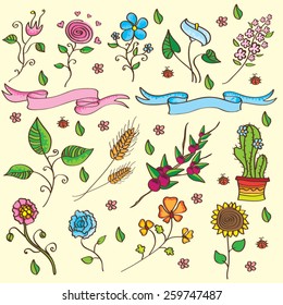 Retro flowers, plants and ribbons vector set