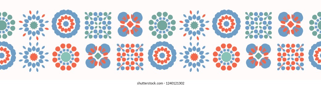 Retro Flowers Quilt Squares Seamless Border Vector. Colorful Folk Flowers Banner. Vintage 1970's Style on Pink Background. Trendy for Girly Stationery, Floral Packaging, Kitchen Ware, Isolated Edgings