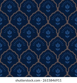 Retro flowers scallop seamless pattern. Floral tulip rustic retro endless wallpaper background for kitchen decor or textile design. Dark Blue colors.