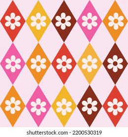 Retro Flowers Seamless Pattern On Mid Century Modern Harlequin Diamonds Shapes In Yellow, Pink, Tangerine And Orange. For Textile, Fabric, Home Décor And Wallpaper.