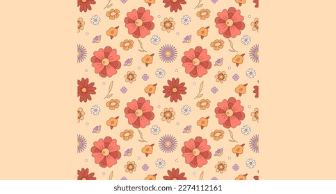 Retro flowers seamless pattern on orange background. Fully editable 2D flat color illustration. Trendy cartoon vector graphics. Creative backdrop image for textile, fabric, wallpaper design