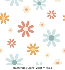 Retro flowers seamless pattern. Spring, summer floral pattern in flat style, perfect for scrapbook paper, decor, prints, background, fabric.