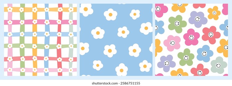 Retro flowers seamless patterns collection for nursery textile prints, kids apparel, wallpaper, bedding, stationery, wrapping paper, digital paper, backgrounds. Spring theme. EPS 10