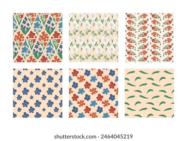 Retro Blumen nahtlose Muster gesetzt. Blütenlose Hintergrund-Kollektion. Wildblumen-Zierziegel. Klassische botanische Wiederholungsabdeckung. Vektorgrafik handgezeichnete Abbildung.