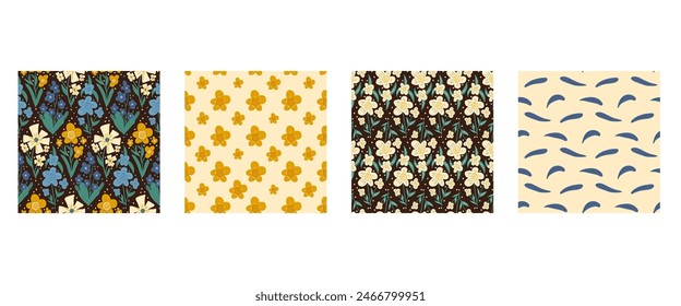Conjunto de patrones sin costuras de flores retro. Colección de fondo sin fin floral. Azulejo de adorno de flores silvestres. Antiguas botanic repetir cubierta. Vector dibujado a mano ilustración.