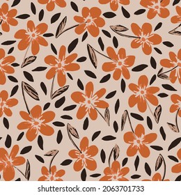 Retro flowers seamless repeat pattern. Random placed, vector botany floral plants with leaves all over surface print on beige background.