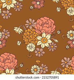 Retro flowers seamless vector pattern. Floral background for wrapping paper, fabric, wallpaper