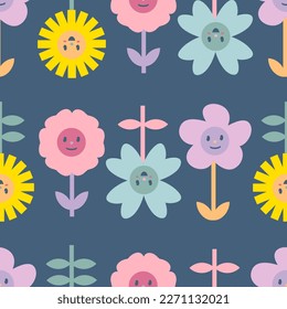 Retro flowers with smiling faces seamless pattern. Floral print for tee, paper, fabric, textile. Groovy vector illustration for decor and design.





