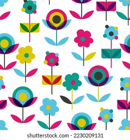 Retro Flowers with Stems and Leaves Vector Seamless Pattern