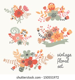 Retro flowers in vector. Cute floral bouquets. Vintage floral set. Save the date design collection.