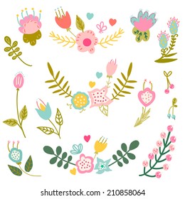 Retro flowers in vector. Cute floral elements. Vintage floral set. 