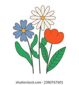 Retro flowers vector flat illustration. Psychedelic groovy element. Bouquet of flowers in naive style.