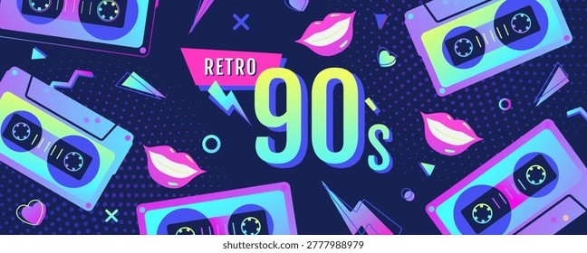 Retro fluorescent disco poster or banner of 80s-90s with audio cassettes and smiling lips. Memphis style background. Vector illustration