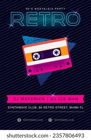 Retro flyer from 90's. Vintage vector graphic template. Poster design in 80's style for club event, music venue, DJ concert. Party festival composition. Cassette, audio tape visual. Old school. 