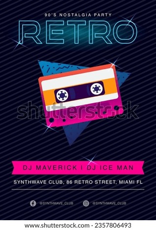 Retro flyer from 90's. Vintage vector graphic template. Poster design in 80's style for club event, music venue, DJ concert. Party festival composition. Cassette, audio tape visual. Old school. 