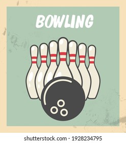 Retro flyer for bowling tournament, skittles and ball, vector