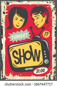 Retro flyer concept idea for 1950s TV show. Man and woman enjoin in television program. Vintage vector ad with comic style portraits.