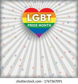 Retro flyer with a rainbow colored heart with the text LGBT Pride Month. Eps 10 vector file.