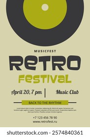 Retro flyer template for music festival. Minimalist banner with flat vinyl record and typography. Soft pastel colors. Vector illustration for advertising music festivals, jazz nights, nostalgic gather