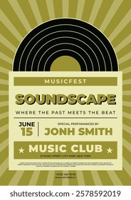 Retro flyer template for music festival. Vintage design with vinyl record and typography. Vector illustration for casual gatherings, openmic nights, classical concerts