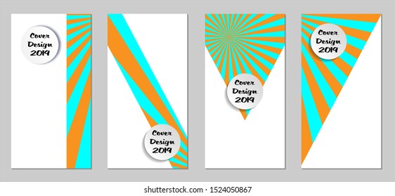 Retro Flyers with Beams. Set of Vintage Colorful Posters with Fun Elements, Colorful Blue, and Orange Lines. Festive Sun Beams with White Form. Sale Brochures. Vacation Ads. Sunshine in Blue Sky.