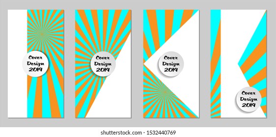 Retro Flyers with Beams. Set of Vintage Colorful Posters with Fun Elements, Colorful Blue, and Orange Lines. Festive Sun Beams with White Form. Sale Brochures. Vacation Ads. Sunshine in Blue Sky.