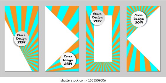 Retro Flyers with Beams. Set of Vintage Colorful Posters with Fun Elements, Colorful Blue, and Orange Lines. Festive Sun Beams with White Form. Sale Brochures. Vacation Ads. Sunshine in Blue Sky.