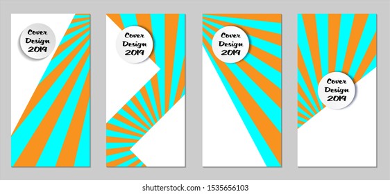 Retro Flyers with Beams. Set of Vintage Colorful Posters with Fun Elements, Colorful Blue, and Orange Lines. Festive Sun Beams with White Form. Sale Brochures. Vacation Ads. Sunshine in Blue Sky.