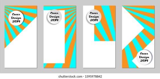 Retro Flyers with Beams. Set of Vintage Colorful Posters with Fun Elements, Colorful Blue, and Orange Lines. Festive Sun Beams with White Form. Sale Brochures. Vacation Ads. Sunshine in Blue Sky.