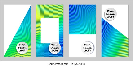 Retro Flyers with Beams. Set of Vintage Colorful Posters with Fun Elements, Colorful Blue, Green, Yellow Lines with White Form. Sale Brochures. Vacation Ads.
