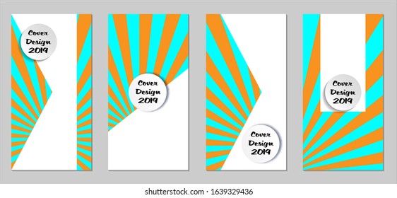 Retro Flyers with Beams. Set of Vintage Colorful Posters with Fun Elements, Colorful Blue, and Orange Lines. Festive Sun Beams with White Form. Sale Brochures. Vacation Ads. Sunshine in Blue Sky.