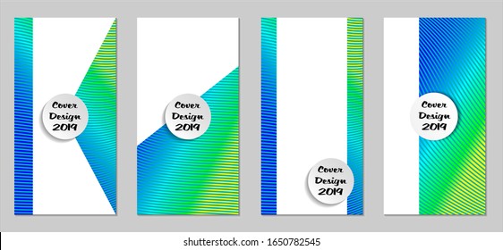 Retro Flyers with Beams. Set of Vintage Colorful Posters with Fun Elements, Colorful Blue, Green, Yellow Lines with White Form. Sale Brochures. Vacation Ads.