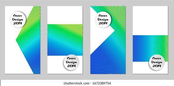 Retro Flyers with Beams. Set of Vintage Colorful Posters with Fun Elements, Colorful Blue, Green, Yellow Lines with White Form. Sale Brochures. Vacation Ads.