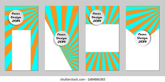 Retro Flyers with Beams. Set of Vintage Colorful Posters with Fun Elements, Colorful Blue, and Orange Lines. Festive Sun Beams with White Form. Sale Brochures. Vacation Ads. Sunshine in Blue Sky.