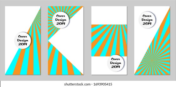 Retro Flyers with Beams. Set of Vintage Colorful Posters with Fun Elements, Colorful Blue, and Orange Lines. Festive Sun Beams with White Form. Sale Brochures. Vacation Ads. Sunshine in Blue Sky.