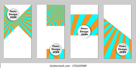 Retro Flyers with Beams. Set of Vintage Colorful Posters with Fun Elements, Colorful Blue, and Orange Lines. Festive Sun Beams with White Form. Sale Brochures. Vacation Ads. Sunshine in Blue Sky.