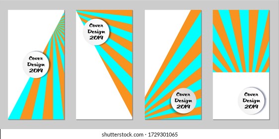 Retro Flyers with Beams. Set of Vintage Colorful Posters with Fun Elements, Colorful Blue, and Orange Lines. Festive Sun Beams with White Form. Sale Brochures. Vacation Ads. Sunshine in Blue Sky.