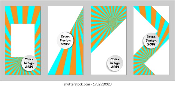 Retro Flyers with Beams. Set of Vintage Colorful Posters with Fun Elements, Colorful Blue, and Orange Lines. Festive Sun Beams with White Form. Sale Brochures. Vacation Ads. Sunshine in Blue Sky.