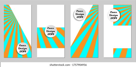 Retro Flyers with Beams. Set of Vintage Colorful Posters with Fun Elements, Colorful Blue, and Orange Lines. Festive Sun Beams with White Form. Sale Brochures. Vacation Ads. Sunshine in Blue Sky.