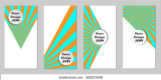 Retro Flyers with Beams. Set of Vintage Colorful Posters with Fun Elements, Colorful Blue, and Orange Lines. Festive Sun Beams with White Form. Sale Brochures. Vacation Ads. Sunshine in Blue Sky.