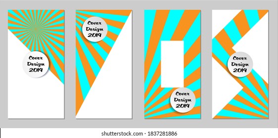 Retro Flyers with Beams. Set of Vintage Colorful Posters with Fun Elements, Colorful Blue, and Orange Lines. Festive Sun Beams with White Form. Sale Brochures. Vacation Ads. Sunshine in Blue Sky.