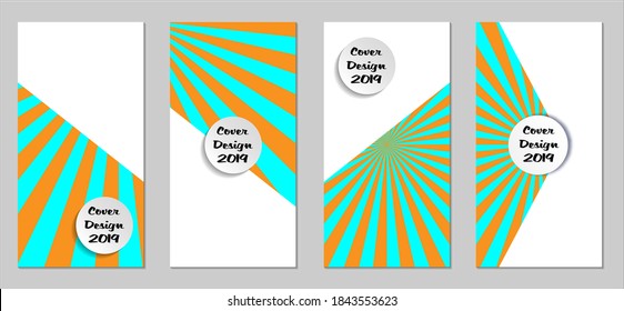 Retro Flyers with Beams. Set of Vintage Colorful Posters with Fun Elements, Colorful Blue, and Orange Lines. Festive Sun Beams with White Form. Sale Brochures. Vacation Ads. Sunshine in Blue Sky.