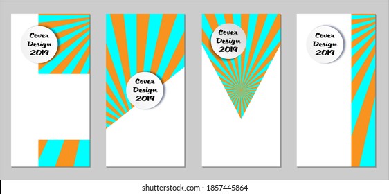 Retro Flyers with Beams. Set of Vintage Colorful Posters with Fun Elements, Colorful Blue, and Orange Lines. Festive Sun Beams with White Form. Sale Brochures. Vacation Ads. Sunshine in Blue Sky.