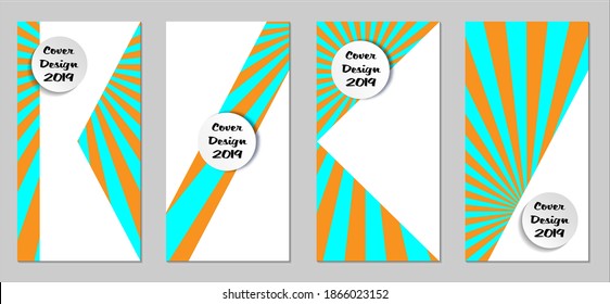 Retro Flyers with Beams. Set of Vintage Colorful Posters with Fun Elements, Colorful Blue, and Orange Lines. Festive Sun Beams with White Form. Sale Brochures. Vacation Ads. Sunshine in Blue Sky.