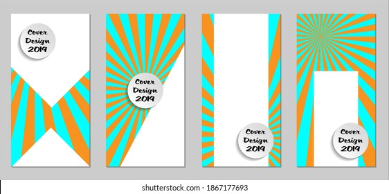 Retro Flyers with Beams. Set of Vintage Colorful Posters with Fun Elements, Colorful Blue, and Orange Lines. Festive Sun Beams with White Form. Sale Brochures. Vacation Ads. Sunshine in Blue Sky.