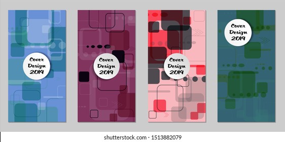 Retro Flyers with Rectangles. Set of Technic Colorful Posters with Colorful Elements. Trendy Vertical Banners with White Form. Sale Brochures. Vacation Ads. Tech Backgrounds.